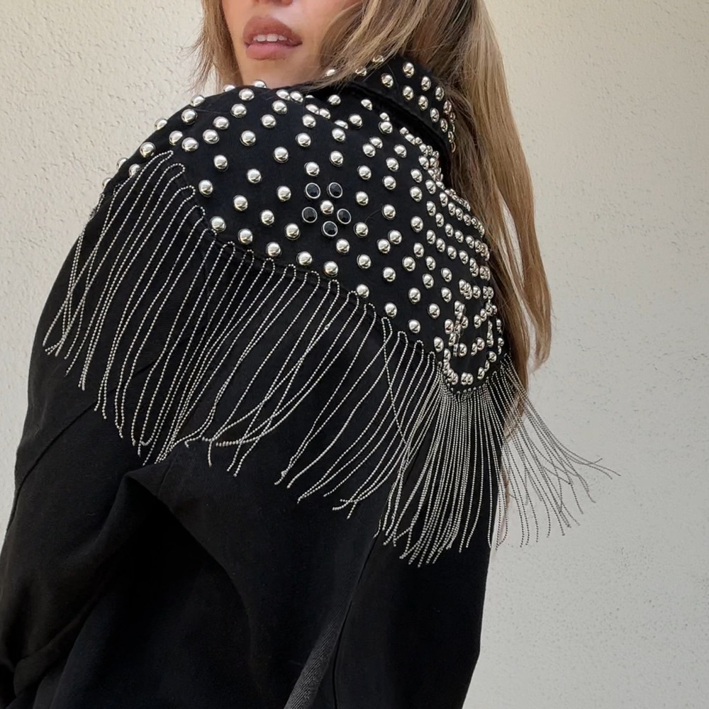 Black Denim Studded Fringe Jacket